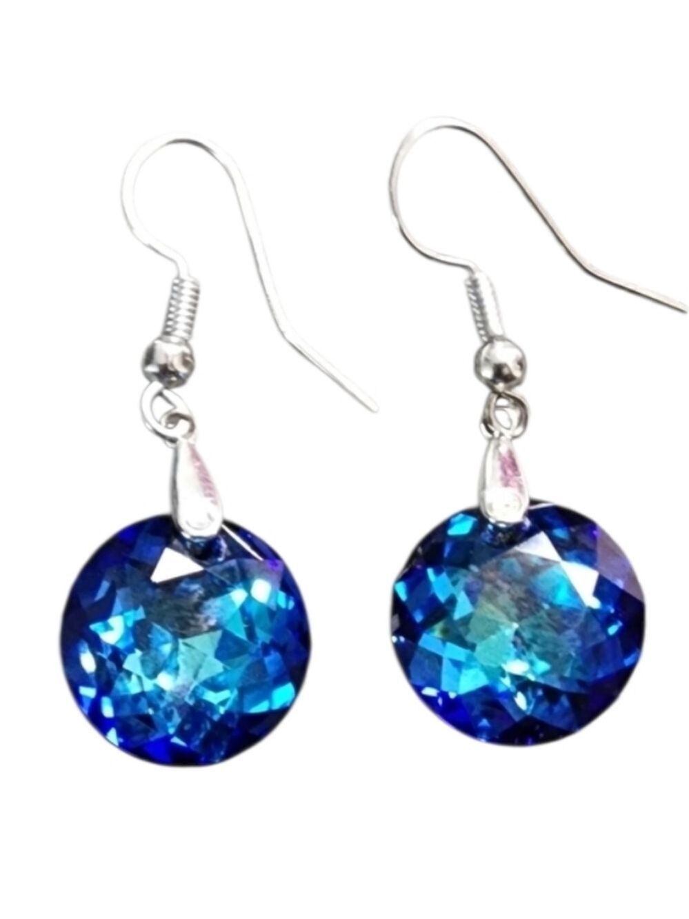Silvertone Dangle Earrings with Blue Iridescent Crystals